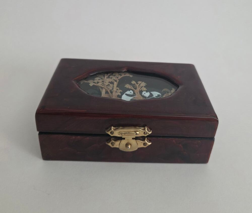 Vintage Chinese Lacquer Jewelry Trinket Box Panda Scene Red Lined